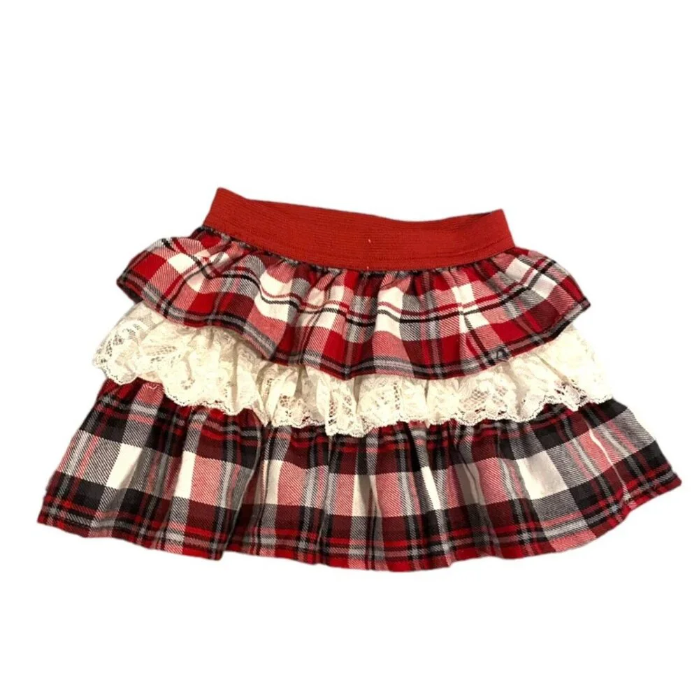 Children's Place 2T Plaid Flannel & Lace Tiered Holiday Skirt